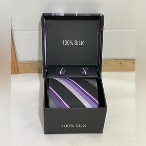 3-Pc Boxed Gift Tie Set Coordinated Print Cuff Links‎ Hankerchief Pocket square